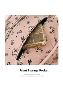 Detail of pink PU leather backpack front pocket with cute bear prints and makeup storage