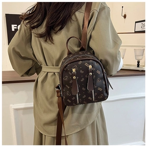 Detailed back view of a mini brown backpack with cute bear prints and nylon straps