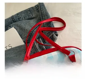 Close-up of the red carry handle and blue checkered fabric with reinforced stitching