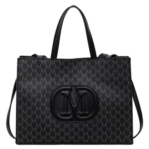 Chic black monogram tote bag with large M embossed logo and adjustable shoulder strap