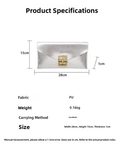 Silver PU envelope clutch bag with gold rectangular buckle and precise dimensions