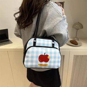 Blue plaid pillow bag with apple print and black leather straps for commute