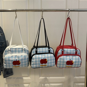 Chic checkered tote bag with apple print in white, black and red contrast colors