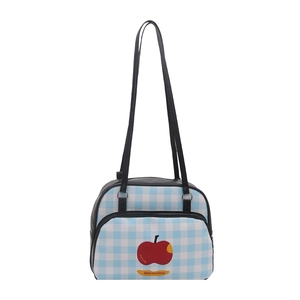Blue gingham tote bag with red apple print and large capacity for university students