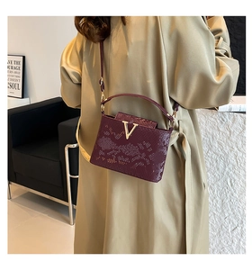 Detail of burgundy snakeskin patterned bucket bag with gold V-buckle and hand strap