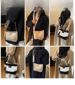 Detailed views of quilted crossbody bag with stylish patterned strap and metal logo