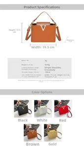 Detail of woven texture PU handbag with gold V metal buckle and dimensions overview