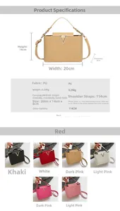 Detailweergave van de crossbodytas met afmetingen en zes kleuropties