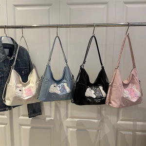 Women's Retro Plaid Bow Tote Bag Happy Puppy Cartoon Dog Embroidery Shoulder Bag Large Capacity PU Leather Casual Backpack
