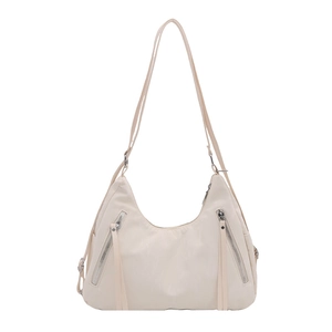 Cream white large capacity crescent hobo bag with fringe zippers and adjustable strap