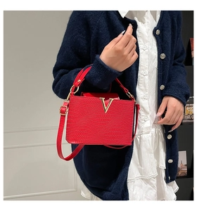 Detail van rode handtas met hagedissenprint en goud V-logo gedragen door een model