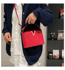 Modieuze rode crossbody tas met geweven textuur en gouden V-gesp gedragen door een model