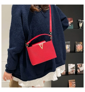 Detail van rode tas met geweven textuur en gouden V-logo getoond in een modieuze crossbody