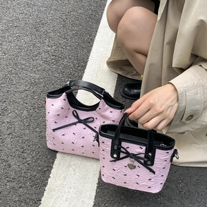 Pink PU Handbag With Bow Tie Pattern Wrinkled Texture Heart Pendant Crossbody Shoulder Bag Sweet Style For Women