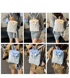 Detailed views of cute backpacks with red bow prints and elegant pearl charms in two colors