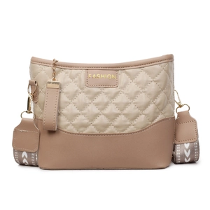 Quilted tote bag with beige and brown color blocking and stylish wide patterned strap