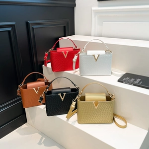 Woven texture crossbody bag with gold V-logo and adjustable strap in five colors