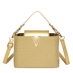 Golden woven texture handbag with metallic V hardware and crocodile pattern