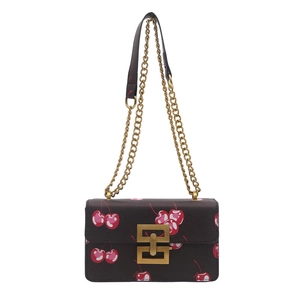 Fashionable brown crossbody bag with cherry print and golden chain shoulder strap