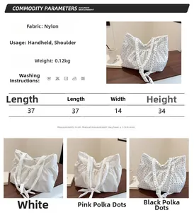 Detailed size guide and nylon tote bag specs with 37x14x34cm measurements and dot patterns