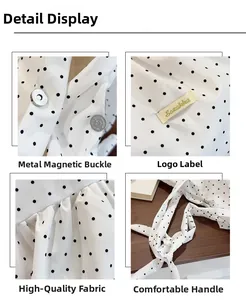 Detail of white polka dot tote bag with magnetic clasp, logo label, and pleated texture