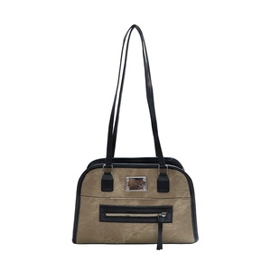 Retro khaki tote bag with black trim and long shoulder straps on a clean white background