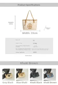 Detailed size specifications and color options for the large PU leather tote bag