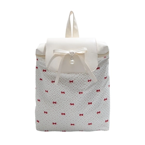 Sweet white lace backpack with red bow print and pearl pendant for summer travel