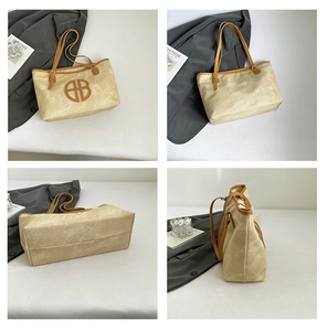 Detail views of a beige canvas tote bag with brown leather handles and round cutout logo