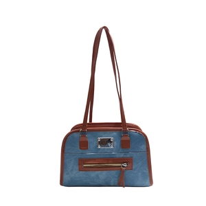 Sac bandoulière rétro en denim avec garniture en cuir marron et détail métallique