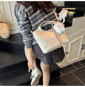Detail of woven white tote bag with cute dog plush charm and colorful tassel on model