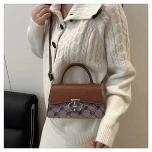 Detail of elegant two-tone crossbody bag with silver twist lock and printed canvas finish