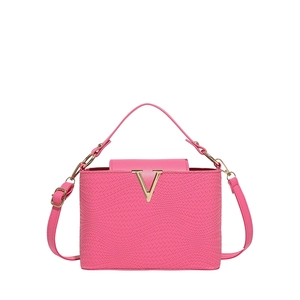 Pink woven leather handbag with gold V buckle and adjustable shoulder strap