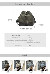 Detailed size specifications and material chart for the vintage drawstring bucket bag