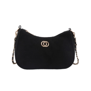 Vintage quilted suede underarm bag in black with gold double-ring clasp and chain strap