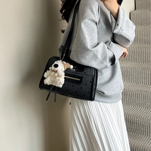 Retro black polka dot tote bag with cute plush bear pendant and metal zipper pocket