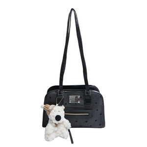 Chic high-capacity shoulder bag in dark grey with logo patterns and plush bear charm