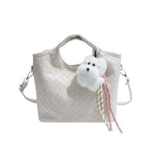 Minimalist beige woven bucket bag with cute dog charm and colorful rope decoration