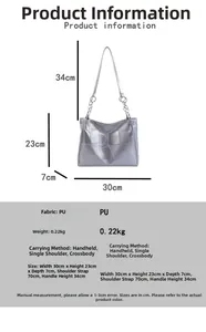 Detailed view of silver quilted PU tote bag with size specifications and chain strap