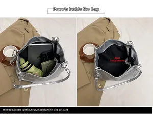 Detail view of woven silver tote bag showing interior capacity and metallic hardware