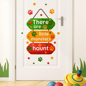 Green orange and red wall sticker with monster haunt quote for home door decoration