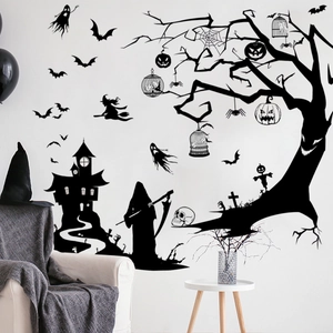 Halloween wall decals featuring spooky black silhouettes of bats, ghosts, and gothic castles