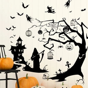 Detailed Halloween wall decal display featuring haunted castle, ghosts and black bats