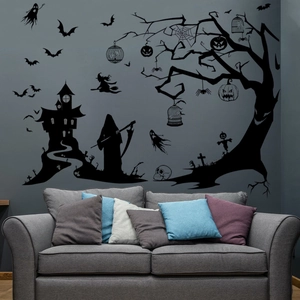 Detailed Halloween wall decal set featuring black haunted house and bats on a living room wall