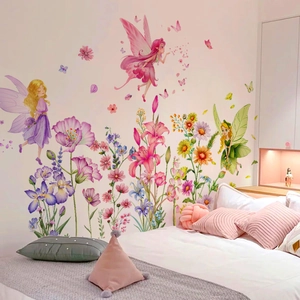 Fairy and flower wall decals for girls' bedroom featuring butterflies and garden scenes