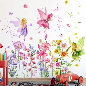 Detail of floral fairy wall decals featuring watercolor butterflies in a kids bedroom