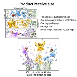 Size chart for flower fairy wall stickers showing package dimensions and finished size