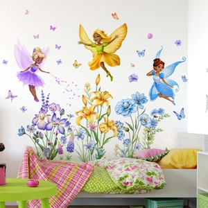 Floral fairy wall stickers featuring colorful butterflies for kids bedroom decoration