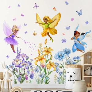 Cartoon fairy flower wall stickers for kids room wall decor featuring butterflies and flora