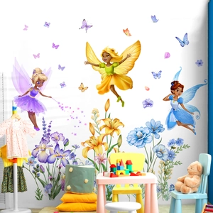 Detail of dreamlike fairy and flower wall stickers in a cozy child's bedroom setting